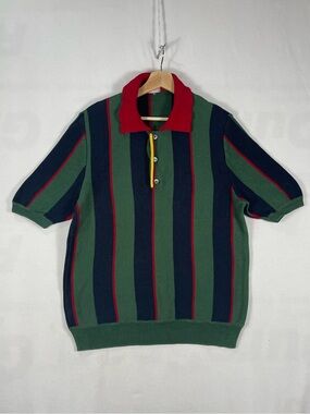 Vintage Dunhill Made In Italy Knit Polo sweater Striped Green Navy Red Sz M